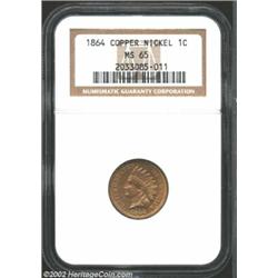 1864 1C Copper-Nickel MS65 NGC. Light pink and green tones accent the smooth brown surfaces of this.