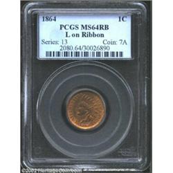 1864 1C L On Ribbon MS64 Red and Brown PCGS. Snow-12, 'scarce.' Gold and lilac hues intermingle. A n