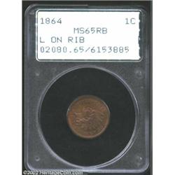 1864 1C L On Ribbon MS65 Red and Brown PCGS. Varying shades of red-brown and iridescent orange are d