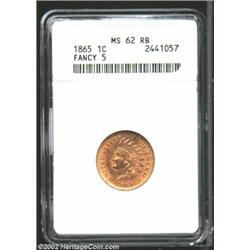 1865 1C Fancy 5 MS62 Red and Brown ANACS. The radiant gold color approaches a full Red designation,.