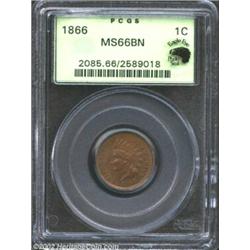 1866 1C MS66 Brown PCGS. Eagle Eye Photo Seal. A boldly struck and virtually pristine Gem that despi