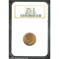 1867 1C MS65 Red NGC. Snow-4. This early bronze Cent was produced to the extent of 9.8 million piece
