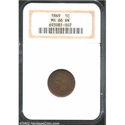 1869 1C MS66 Brown NGC. Hints of faded orange-gold luster emerge from the outlines of legends and de