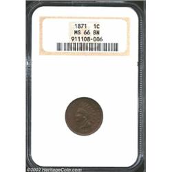 1871 1C MS66 Brown NGC. Bold N in ONE. Ample hints of honey-brown color peers from beneath the lilac