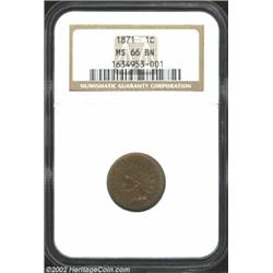 1871 1C MS66 Brown NGC. Chocolate brown surfaces are accented with hints of green on the obverse whi