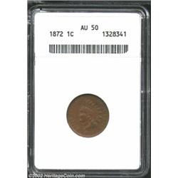 1872 1C AU50 ANACS. Nice, even brown surfaces with hints of original red at the reverse. Just a bit.