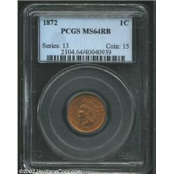 1872 1C MS64 Red and Brown PCGS. Razor sharp throughout, the surfaces are predominantly lustrous wit