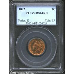 1872 1C MS64 Red PCGS. The horizontal stripes of the shield are typically struck, but this well pres