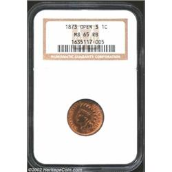 1873 1C Open 3 MS65 Red and Brown NGC. Substantial remaining mint red color with bold definition. Li