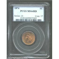 1874 1C MS64 Red PCGS. Full mint luster shimmers over both sides in pleasing orange and red colors..