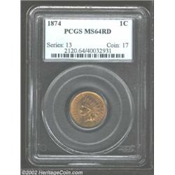 1874 1C MS64 Red PCGS. Attractive orange-red color with very clean surfaces and a smattering of insi