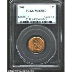 1908 1C MS65 Red PCGS. Bright and red, with a bold strike and clean surfaces. A single spot is seen.