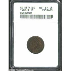 1908-S 1C--Corroded--ANACS. AU Details, Net XF45. Deeply toned at the borders, with hints of lighter