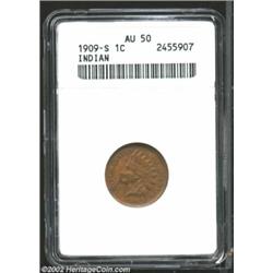 1909-S 1C AU50 ANACS. This is a chocolate-brown, relatively smooth representative of this scarce S-m