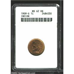 1909-S 1C MS62 Red and Brown ANACS. Well struck with rich, gorgeous color and sparkly mint frost thr