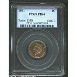 1861 1C PR64 PCGS. The otherwise honey-gold surfaces reveal flickers of pale lilac iridescence at ce