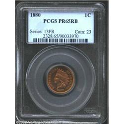 1880 1C PR65 Red and Brown PCGS. Golden-orange patina with little brown color visible. The strike is