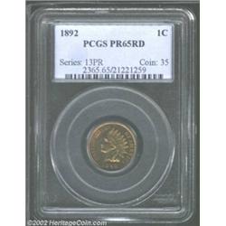 1892 1C PR65 Red PCGS. Lovely medium orange luster overlays brilliant surfaces. While one can see bl