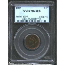 1905 1C PR65 Red and Brown PCGS. Cherry-brown and gold patina with blue highlights. The strike is bo