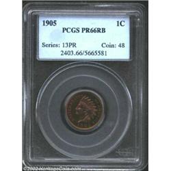 1905 1C PR66 Red and Brown PCGS. Deep red-violet color appears on each side as the coin is rotated u