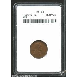 1909-S VDB 1C XF40 ANACS. Rich chocolate-brown color covers the satiny, sharply-struck surfaces, whi