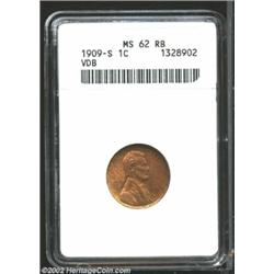 1909-S VDB 1C MS62 Red and Brown ANACS. Wholly original with a subtle woodgrain effect and scattered