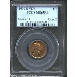 1909-S VDB 1C MS65 Red and Brown PCGS. Speckles of pale tan-brown patina overlay the otherwise lustr
