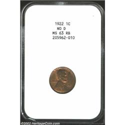 1922 No D 1C Weak Reverse MS63 Red and Brown NGC. Die Pair Three. Whereas '22 No D Cents of Die Pair