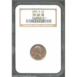 1924-S 1C MS64 Brown NGC. Pleasing violet color accents even surfaces. Some horizontal marks are see