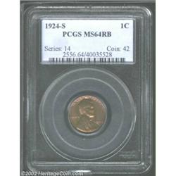 1924-S 1C MS64 Red and Brown PCGS. Medium brown toning and lilac peripheral highlights yield to remn