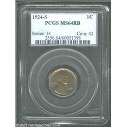 1924-S 1C MS64 Red and Brown PCGS. A typical, although somewhat weak strike is noted as is glossy lu