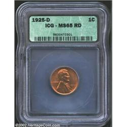 1925-D 1C MS65 Red ICG. Reddish-gold patina with a few light spots. The strike is nice, and well abo