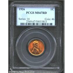 1926 1C MS67 Red PCGS. Brilliant with intense orange-red coloration that lightens a bit to pale blue