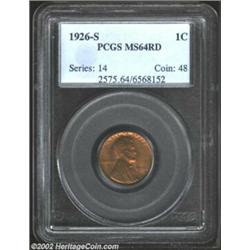 1926-S 1C MS64 Red PCGS. One of two uncommonly high grade '26-S Cents in this sale, this fully lustr