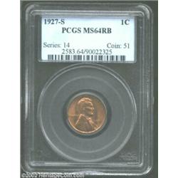 1927-S 1C MS64 Red and Brown PCGS. The obverse displays blazing luster with a deep bronze color, acc