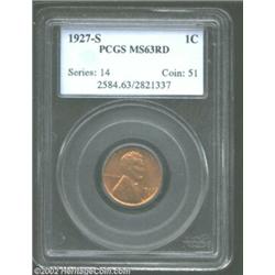 1927-S 1C MS63 Red PCGS. Both sides display velvety luster over golden-orange surfaces. While the st