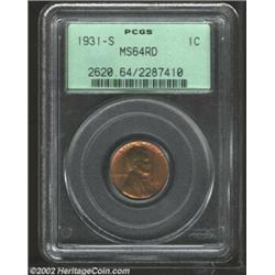 1931-S 1C MS64 Red PCGS. Except for some softness in Lincoln's portrait, this example is sharply imp