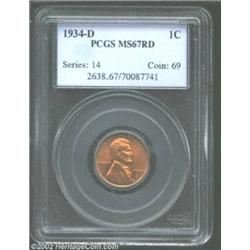 1934-D 1C MS67 Red PCGS. Bright and flashy throughout with lilac tinted peripheries. The only notice
