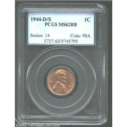 1944-D/S 1C MS62 Red and Brown PCGS. Pink blends with brown shades on nearly Choice surfaces. A spot