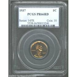 1937 1C PR66 Red PCGS. Brilliant with deep red toning and no appreciable marks. A whisp of toning is
