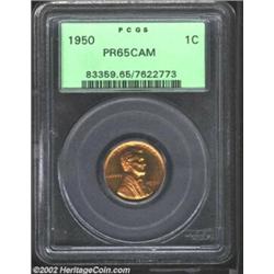 1950 1C PR65 Cameo PCGS. A boldly struck Gem that has reasonable contrast and pleasing orange-gold c