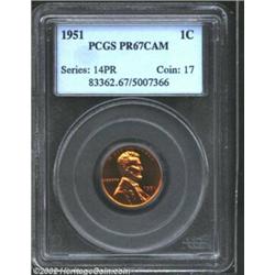 1951 1C PR67 Cameo PCGS. A needle-sharp Superb Gem that has splendid orange-red color and impressive