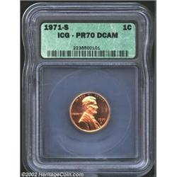 1971-S 1C PR70 Deep Cameo ICG. A truly amazing example with frosted devices against deeply mirrored.