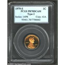 1979-S 1C Type Two PR70 Deep Cameo PCGS. The clear S mintmark distinguishes this variety from its Ty