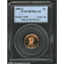 1993-S 1C PR70 Deep Cameo PCGS. A deeply contrasted and fully lustrous specimen that is bound for in