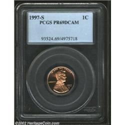 1997-S 1C PR69 Deep Cameo PCGS. Mostly pink-red in sheen, the pristine surfaces reveal sprays of ora