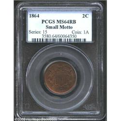 1864 2C Small Motto MS64 Red and Brown PCGS. Gorgeous color and a clean strike, combine with full fl