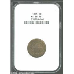 1865 2C MS66 Red and Brown NGC. The upper serif of the 1 in the date is repunched. A magnificently s