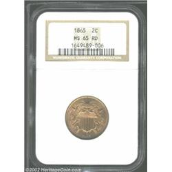 1865 2C MS65 Red NGC. Plain 5 in date. A boldly struck Two Cent Piece that has bright and mildly pro