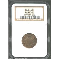 1870 2C MS65 Red and Brown NGC. A well struck Gem that has lovely chestnut-brown and lilac colors. B